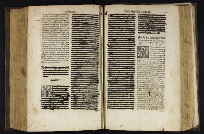 Livro censurado pela Inquisição em Portugal. Os trechos considerados impróprios eram cobertos com tinta negra