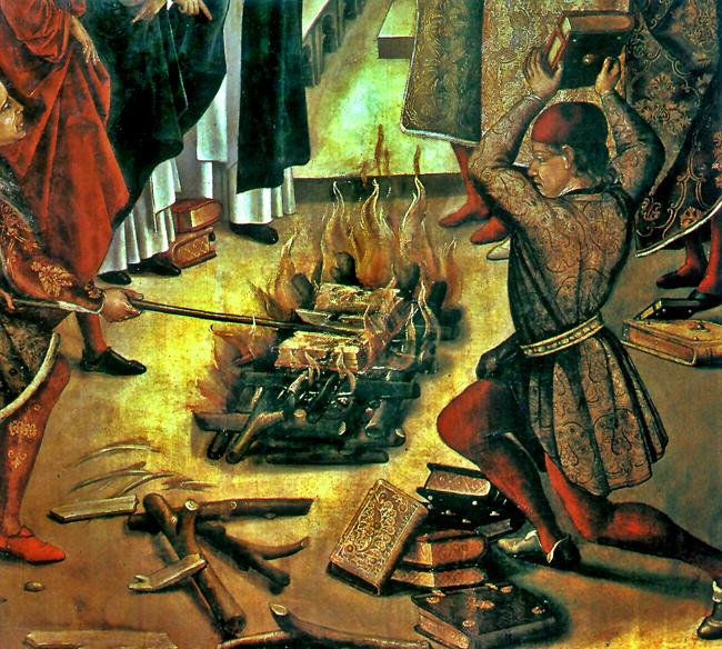 Ilustração de queima de livros considerados heréticos
